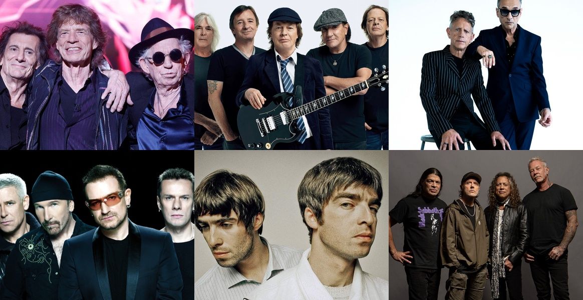V.l.n.r.: (oben) The Rolling Stones, AC/DC, Depeche Mode, (unten) U2, Oasis, Metallica